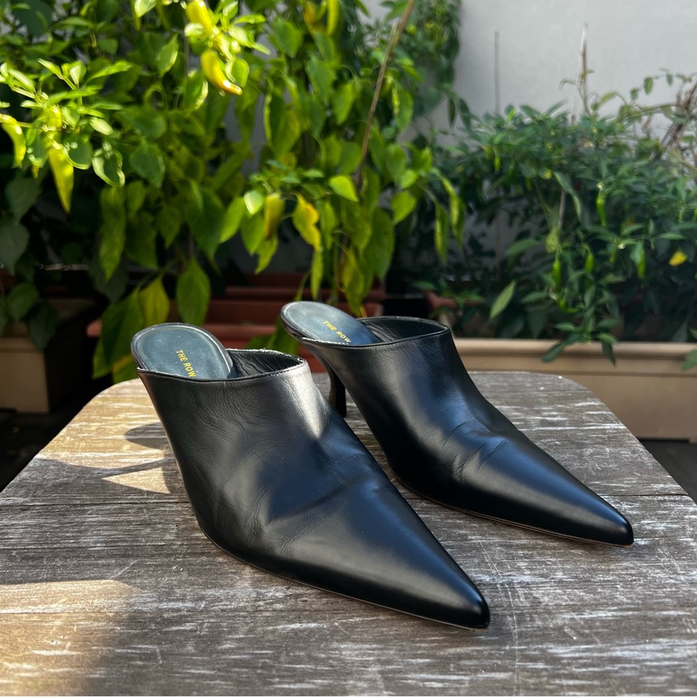 The Row Black Leather Pointed Toe Heeled Mule